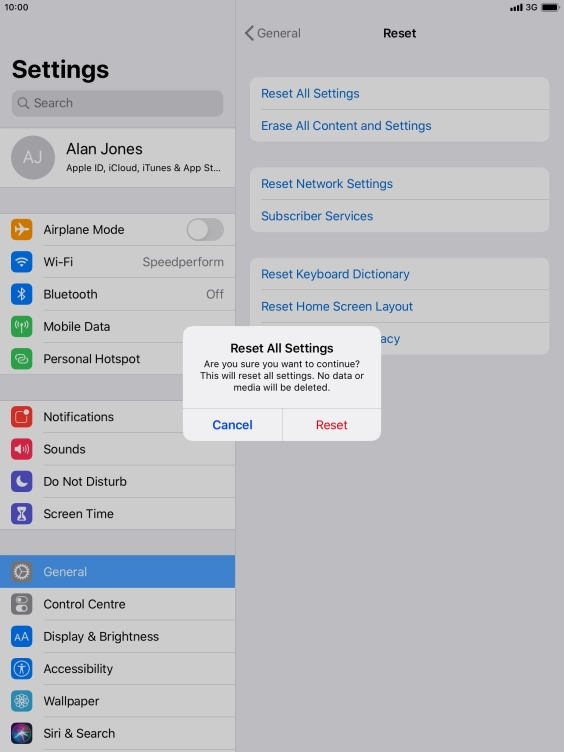 Press Reset. Wait a moment while the factory default settings are restored. Follow the instructions on the screen to set up your tablet and prepare it for use.