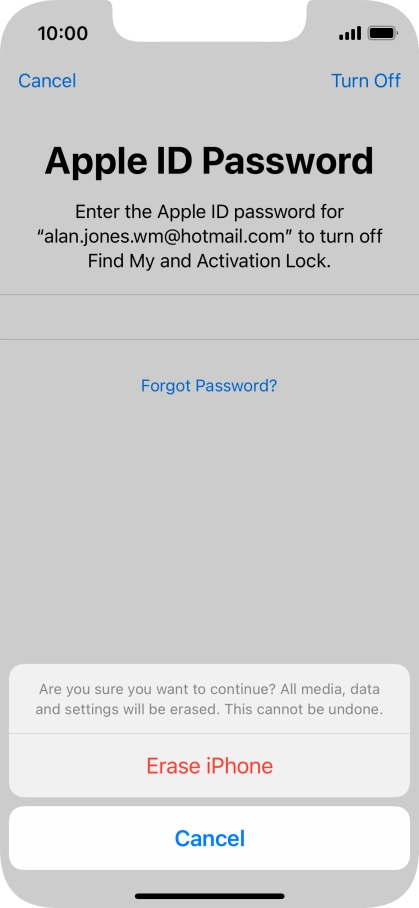 Key in the password for your Apple ID and press Erase iPhone. Wait a moment while the factory default settings are restored. Follow the instructions on the screen to set up your phone and prepare it for use.