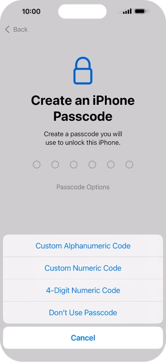 Follow the instructions on the screen to turn on use of phone lock code or press Don't Use Passcode.