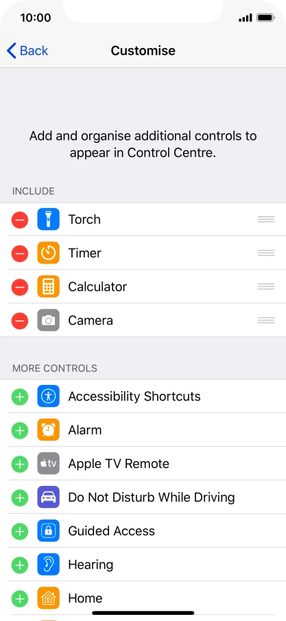 Press the delete icon next to the required function to remove it from Control Centre.