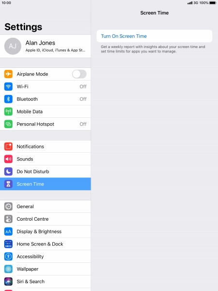 Press Turn On Screen Time. Press Turn On Screen Time.