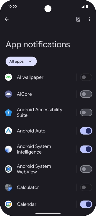 Press the indicator next to the required apps to turn the function on or off.