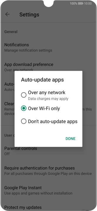 To turn on automatic update of apps using mobile network, press Over any network.