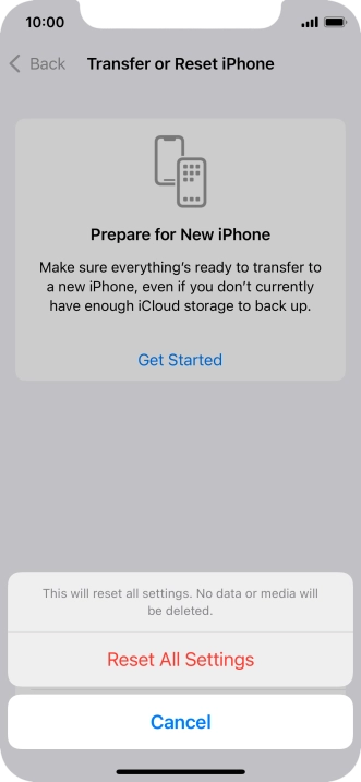 Press Reset All Settings. Wait a moment while the factory default settings are restored. Follow the instructions on the screen to set up your phone and prepare it for use.