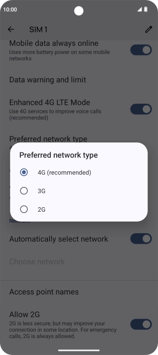 Press the required network mode.