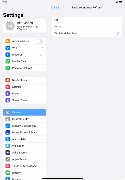 To turn off background refresh of apps, press Off. To turn off background refresh of apps, press Off.