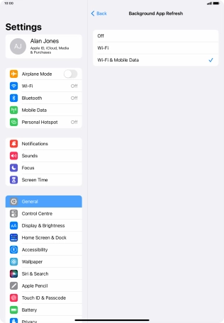 To turn off background refresh of apps, press Off. To turn off background refresh of apps, press Off.