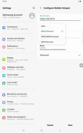 Press WPA3-Personal to password protect your Wi-Fi hotspot. Press WPA3-Personal to password protect your Wi-Fi hotspot.