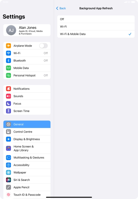 To turn off background refresh of apps, press Off. To turn off background refresh of apps, press Off.