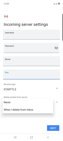 Press Never to keep email messages on the server when you delete them on your phone.