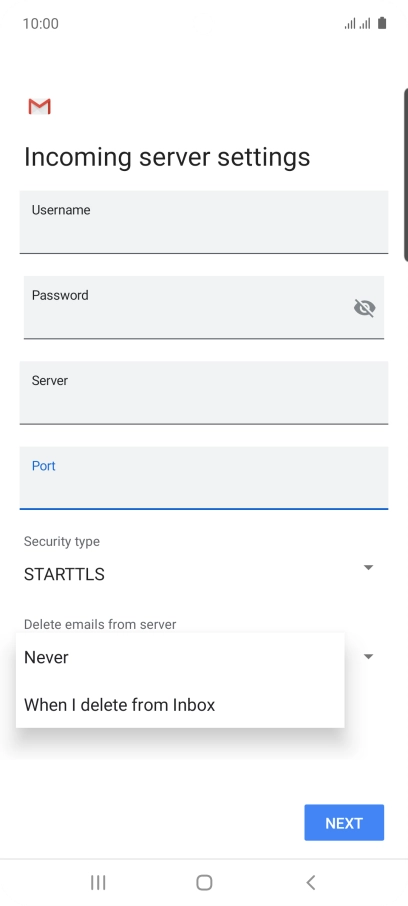 Press Never to keep email messages on the server when you delete them on your phone.