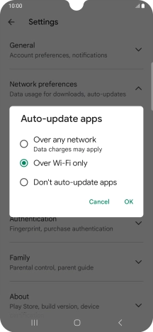 To turn on automatic update of apps using mobile network, press Over any network.
