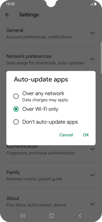 To turn on automatic update of apps using mobile network, press Over any network.