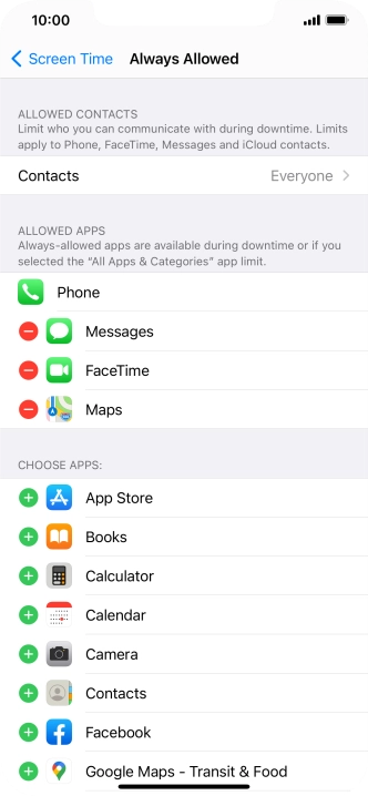 Press the add icon next to the required app to add it to the list of allowed apps during Downtime.