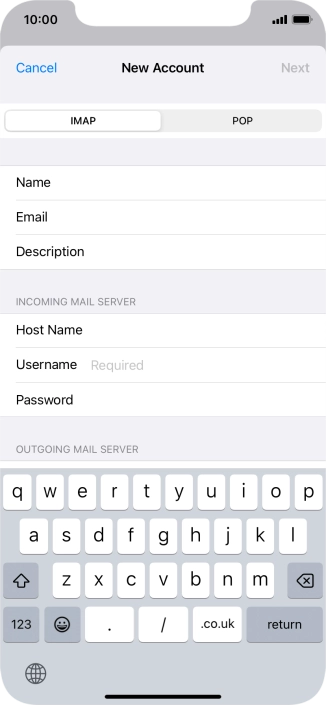 Press Username and key in the username for your email account.