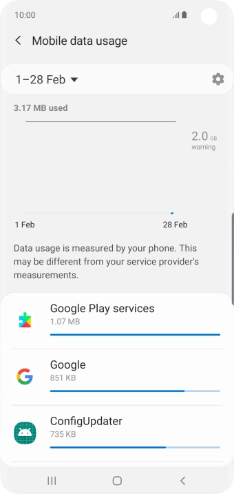 The data usage for each application is displayed below the name of the application.
