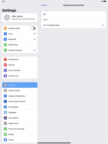 To turn off background refresh of apps, press Off.