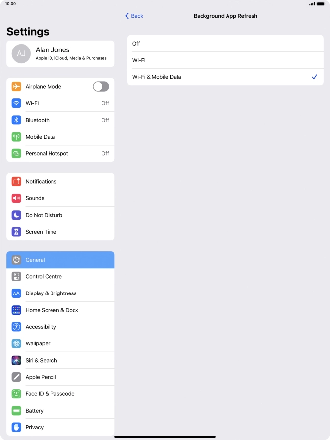 To turn off background refresh of apps, press Off.