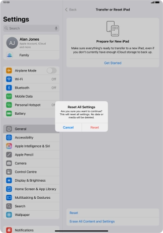 Press Reset. Wait a moment while the factory default settings are restored. Follow the instructions on the screen to set up your tablet and prepare it for use.