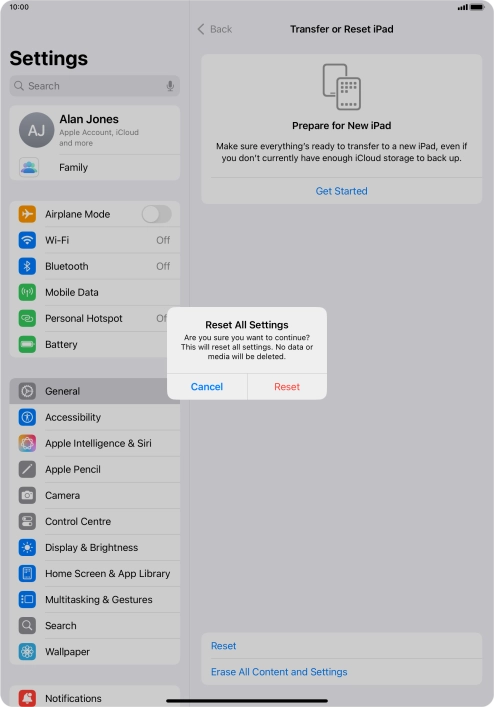 Press Reset. Wait a moment while the factory default settings are restored. Follow the instructions on the screen to set up your tablet and prepare it for use.