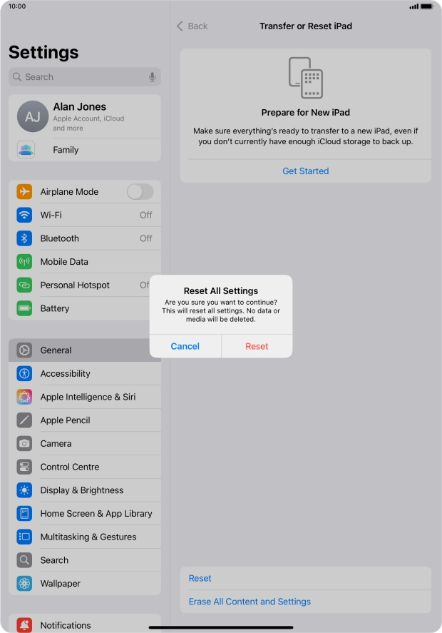 Press Reset. Wait a moment while the factory default settings are restored. Follow the instructions on the screen to set up your tablet and prepare it for use.