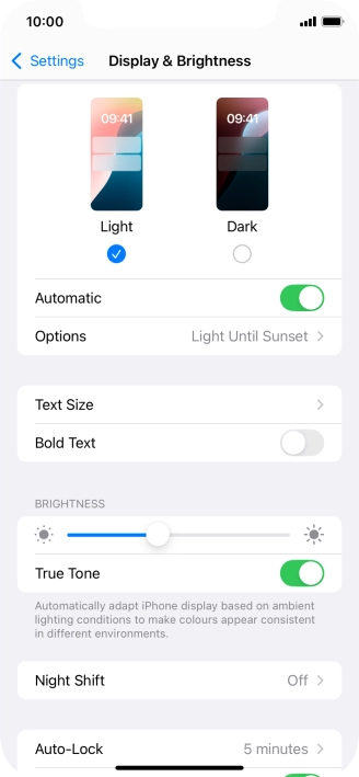 If you turn on the function, press Options and follow the instructions on the screen to select the required period of time for Dark Mode.