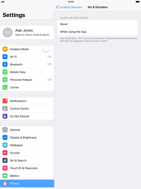Press the required setting to turn the function on or off.