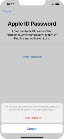 Key in the password for your Apple ID and press Erase iPhone. Wait a moment while the factory default settings are restored. Follow the instructions on the screen to set up your phone and prepare it for use.