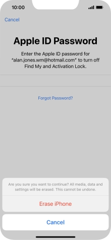 Key in the password for your Apple ID and press Erase iPhone. Wait a moment while the factory default settings are restored. Follow the instructions on the screen to set up your phone and prepare it for use.