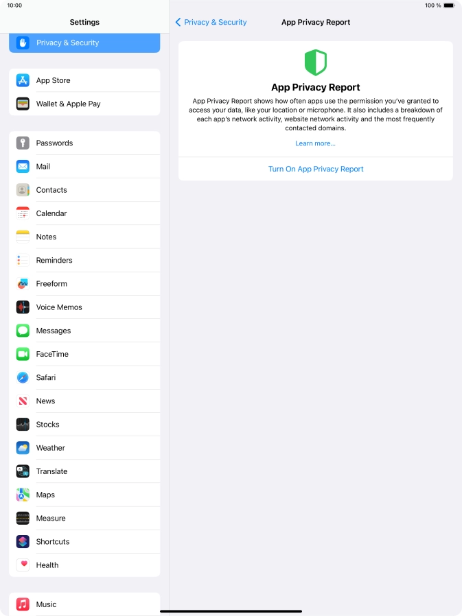 Press Turn On App Privacy Report to turn on the function.