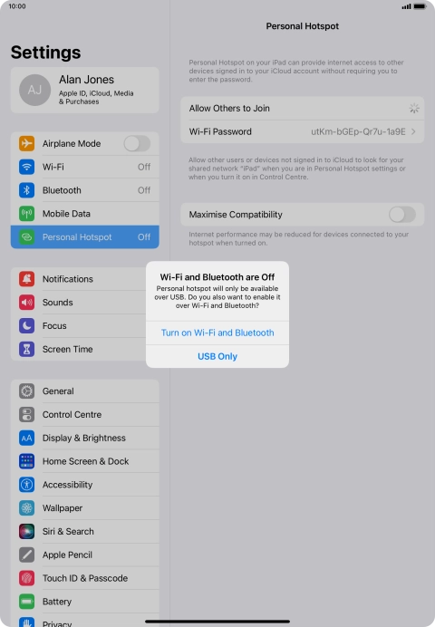 If Wi-Fi is turned off, press Turn on Wi-Fi and Bluetooth. If Wi-Fi is turned off, press Turn on Wi-Fi and Bluetooth.