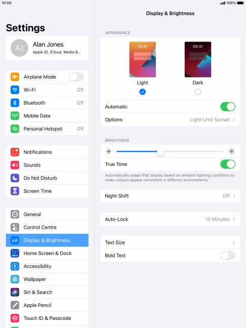 If you turn on the function, press Options and follow the instructions on the screen to select the required period of time for Dark Mode.