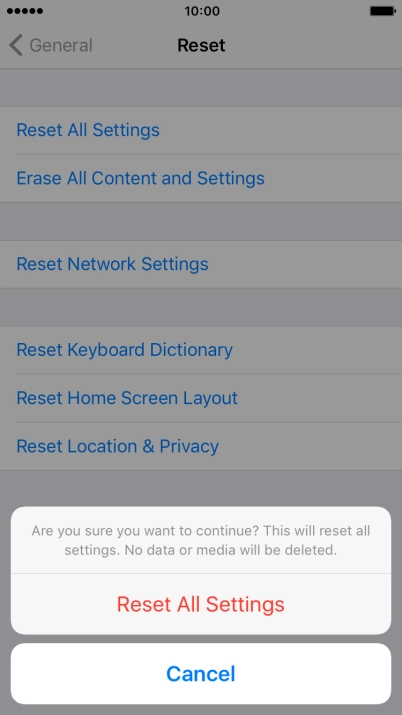 Press Reset All Settings. Wait a moment while the factory default settings are restored. 
Follow the instructions on the screen to set up your phone and prepare it for use.