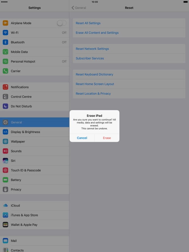 Press Erase. Wait a moment while the factory default settings are restored. 
Follow the instructions on the screen to set up your tablet and prepare it for use.
