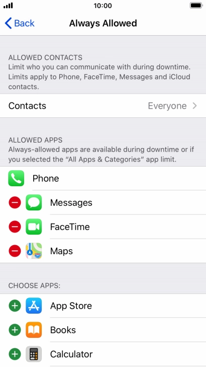 Press the add icon next to the required app to add it to the list of allowed apps during Downtime.