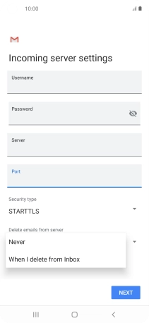 Press Never to keep email messages on the server when you delete them on your phone.
