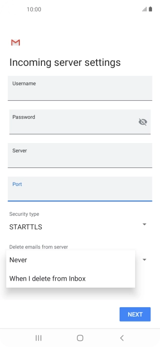 Press Never to keep email messages on the server when you delete them on your phone.