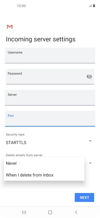 Press Never to keep email messages on the server when you delete them on your phone.