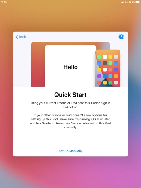 Follow the instructions on the screen to transfer content from another device running iOS 11 or later or press Set Up Manually. Follow the instructions on the screen to transfer content from another device running iOS 11 or later or press Set Up Manually.