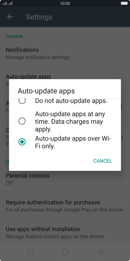 To turn on automatic update of apps using Wi-Fi, press Auto-update apps over Wi-Fi only..