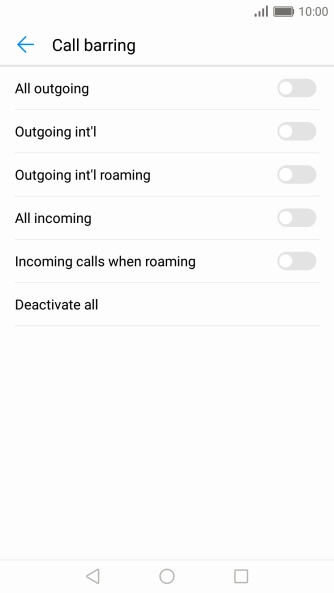 Press the required barring type to turn the function on or off.