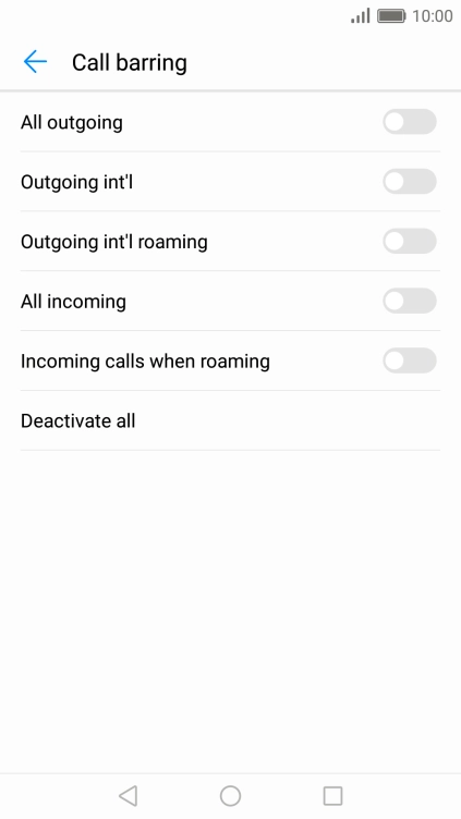 Press the required barring type to turn the function on or off.