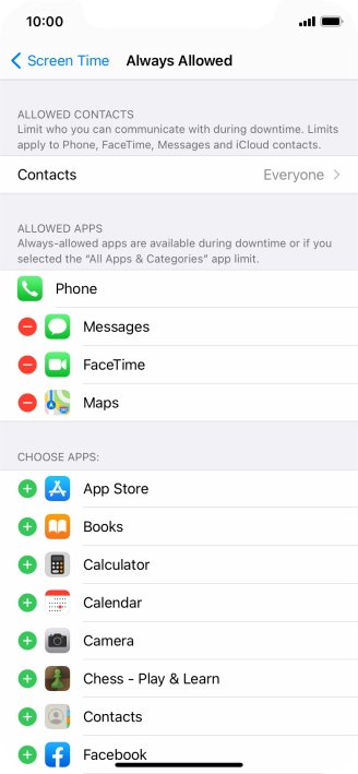 Press the add icon next to the required app to add it to the list of allowed apps during Downtime.