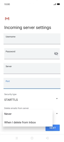 Press Never to keep email messages on the server when you delete them on your phone.