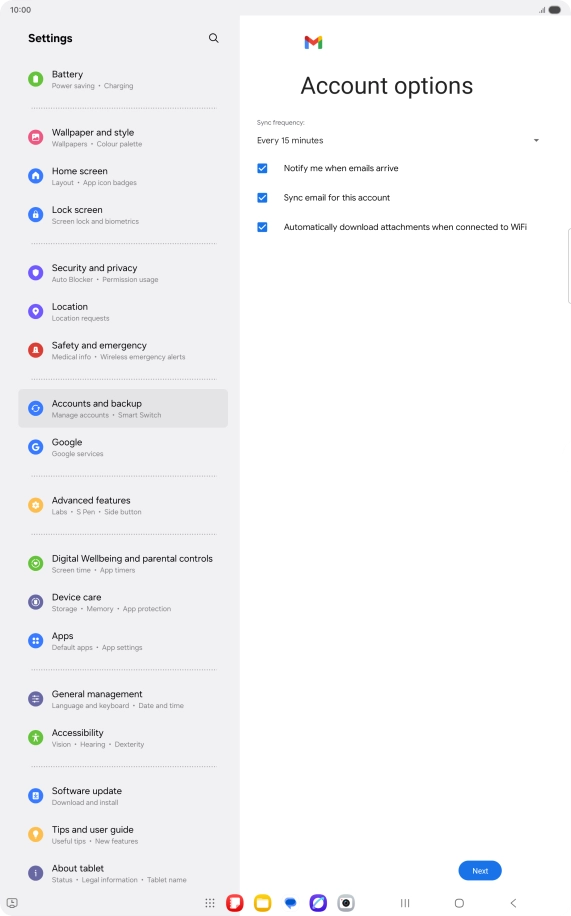 If this screen is displayed, you email account has been recognised and set up automatically. Follow the instructions on the screen to key in more information and finish setting up your tablet.