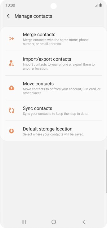 Press Import/export contacts. Press Import/export contacts.