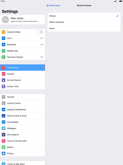 To select notification preview on the lock screen, press Always.