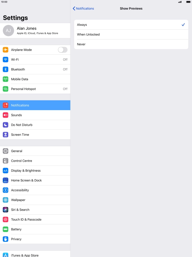 To select notification preview on the lock screen, press Always.