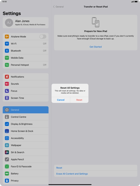 Press Reset. Wait a moment while the factory default settings are restored. Follow the instructions on the screen to set up your tablet and prepare it for use.
