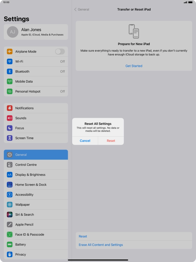 Press Reset. Wait a moment while the factory default settings are restored. Follow the instructions on the screen to set up your tablet and prepare it for use. Press Reset. Wait a moment while the factory default settings are restored. Follow the instructions on the screen to set up your tablet and prepare it for use.